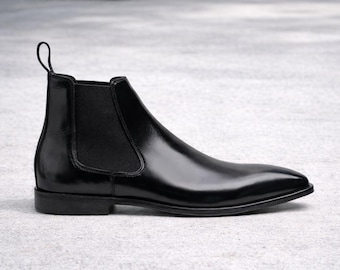 Men's Black Leather Chelsea Boots: Handmade Genuine Dress Boots