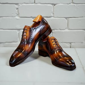 Men’s Handmade Brown Patina Oxford Shoes Cap Toe Brogue Shoes Lace Up Dress Shoes