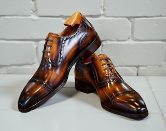 Richelieus homme patinés marron fait main - Richelieus à bouts ronds