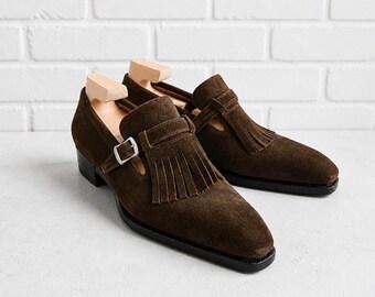 Men Brown Monk Strap Tassel Suede Leather Shoes Handmade Dress Shoes