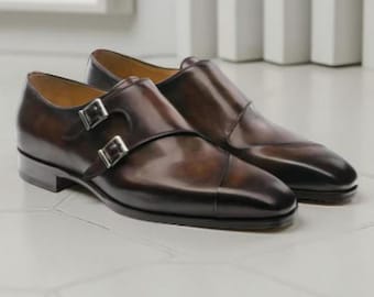 Men's Brown Double Monk Strap Shoes, Handmade Leather Formal Dress Shoes