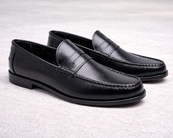 Men Black Leather Penny Loafers Handmade Genuine Leather Dress Shoes for Office Wear
