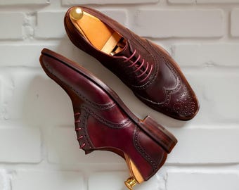 Men’s Burgundy Brogue Oxford Shoes  Wingtip Leather Dress Shoes