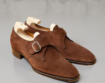 Brown Suede Single Monk Strap Shoes for Men  Handmade Dress Shoes