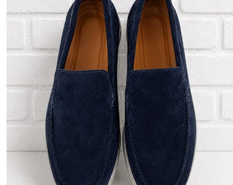 Men Navy Suede Loafers Casual Slip On Handmade Comfortable Stylish Everyday Shoes