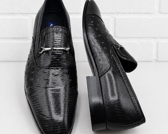 Black Textured Leather Loafers for Men Luxury Slip On Dress Shoes Handmade