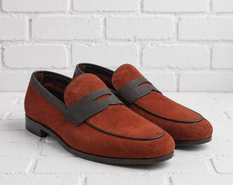 Men Suede Penny Loafers Rust Black Leather Slip On Handmade Stylish Dress Shoes