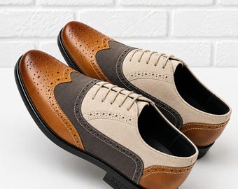 Brown and White Spectator Oxford Shoes for Men  Handmade Wingtip Brogue Shoes