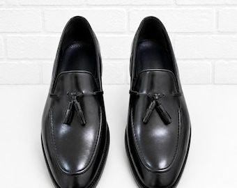 Black Leather Tassel Loafers for Men Handmade Slip On Formal Dress Shoes