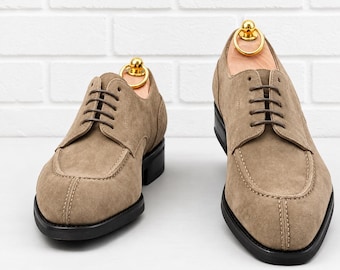 Men’s Beige Suede Split Toe Derby Shoes  Handmade Leather Lace Up Dress Shoes