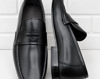 Classic Black Penny Loafers for Men  Handmade Leather Slip On Dress Shoes