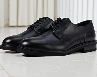 Zapatos Derby de cuero negro para hombre, hechos a mano, con cordones, formales, para la oficina, cómodos y clásicos.