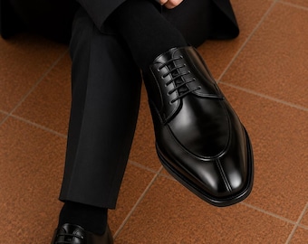 Zapatos Derby negros con puntera tipo delantal para hombre, zapatos de vestir de cuero hechos a mano.