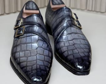 Gray Crocodile Double Monk Strap Shoes Handmade Leather Dress Shoes Men