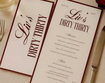 Editable 30th Birthday Dinner Menu: Luxe Red & Cream Canva Template (Digital Download)