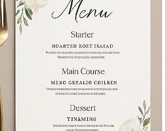 Op de afbeelding: Een witte menukaart met bloemige aquarelaccenten. Het woord "Menu" is geschreven in elegant schrift. Het menu bevat secties voor Voorgerecht, Hoofdgerecht en Dessert, met onleesbare tekst eronder.