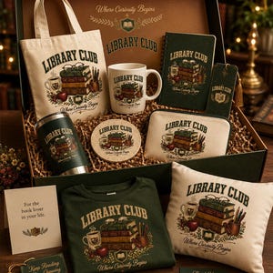 May include: A gift box set featuring Library Club merchandise including a canvas tote, ceramic mug, spiral notebook, bookmark, tumbler, coaster, zippered pouch, green t-shirt, throw pillow, greeting card, and four pins with book-themed graphics.
