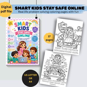 May include: A digital PDF colouring book titled Smart Kids Stay Safe Online featuring 17 pages in US Letter or A4 size. The cover shows children with a laptop and safety icons. Two black and white colouring pages depict children learning online safety.