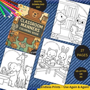 Classroom Manners Coloring Book, 27 Pages, Printable Activity, Kids Education