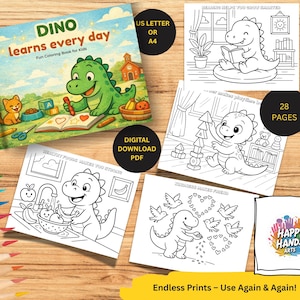Dinosaur coloring book, kids chore activity ,SEL resources, busy memory felt book for children, dinosaur party favors, behavior pintables