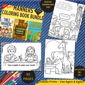 Coloring Book Bundle, 3-in-1 Kids Activity, Table Manners, Classroom, international manners ,Digital PDF, Healthy habits ,65 Pages