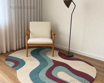 Hand-Tufted Wool Rug – Modern Wavy Teal Burgundy Cream Wool Rug Handmade Custom Area 5x8 Rug For Home Decore