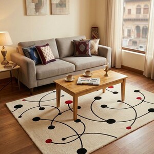 May include: A living room scene featuring a beige sofa with decorative pillows, a wooden coffee table, and a patterned rug. The rug has a cream background with black and red circular designs. A newspaper is on the table.