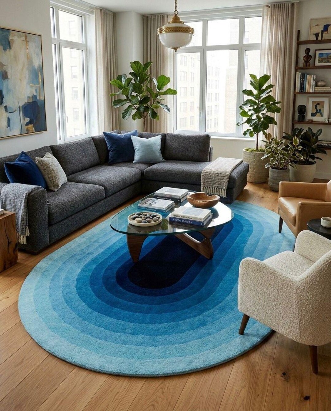 Vibrant Blue Rug Hand Tufted Blue Gradient Oval Rug, Modern Ombre Blue Area Rug, Soft ...