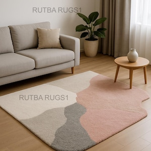 Hand-Tufted Wool Area Rug 5x7: Abstract Wavy Design, Neutral Pink Beige Grey custom Area for Funky Home Decor