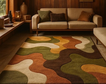 Hand-Tufted Wool Rug | Retro Mid-Century Wave, Burnt Orange Green 8x10 Area Rug