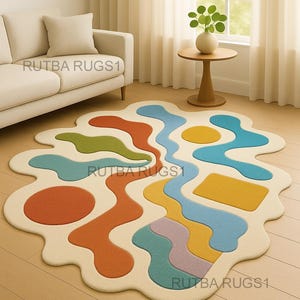 Abstract Wavy Wool Rug: Colorful Hand-Tufted Area Carpet, 5x7 6x9