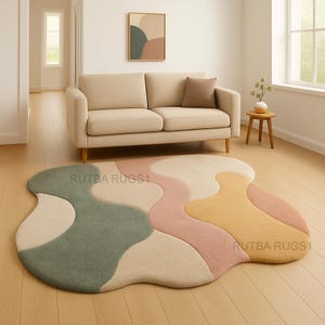 Modern Abstract Wavy Rug| Hand-Tufted Wool Area Carpet| Irregular Shape Living Room Rug| Multicolor Soft Accent Floor Mat
