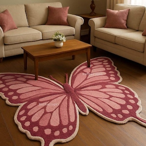 Pink Butterfly Shape Rug Hand Tuftred Girls Nursery Play Rug For kids Room image 1