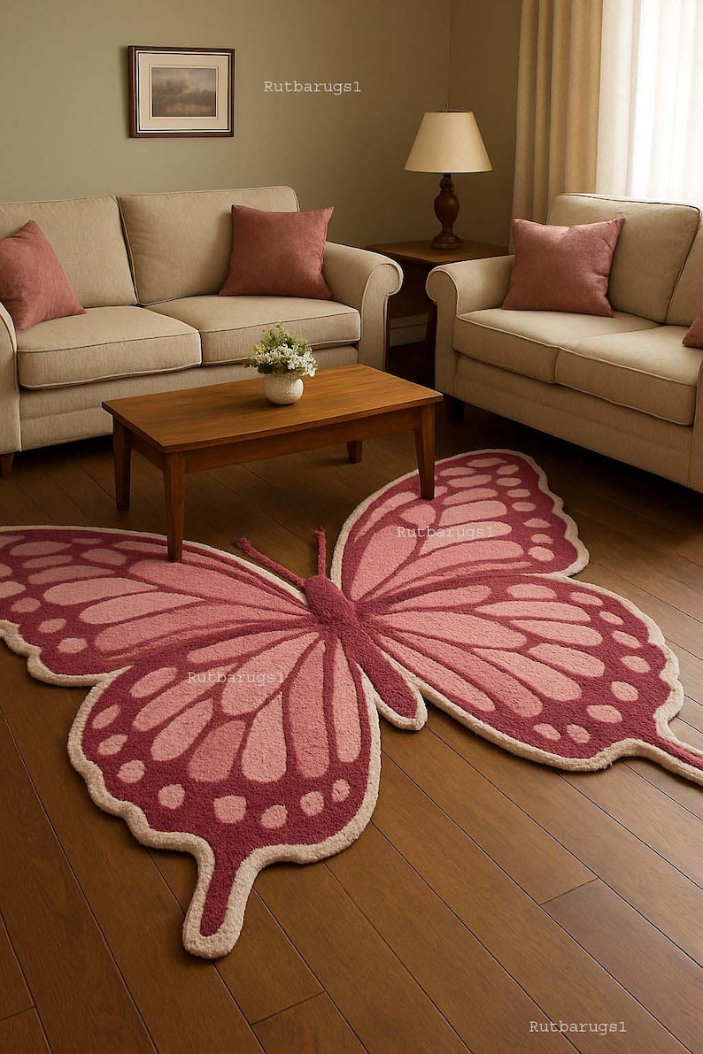 Pink Butterfly Shape Rug Hand Tuftred Girls Nursery Play Rug For kids Room image 1