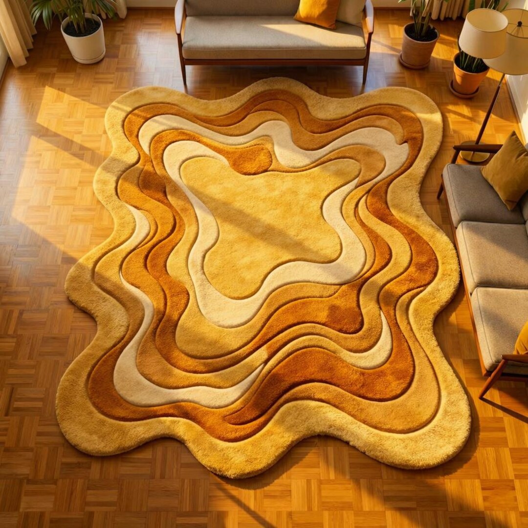 Puddle Rug Shape Mustard Yellow Abstract Rug,irregular Wavy Shape Wool Rug, Modern ...