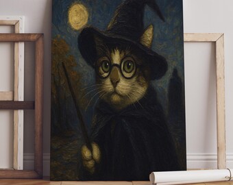Wizard kat kunst aan de muur, magische kat poster, schilderkunstige kat illustratie, Halloween kat decor, grappige heks kat print, digitale kat downloaden