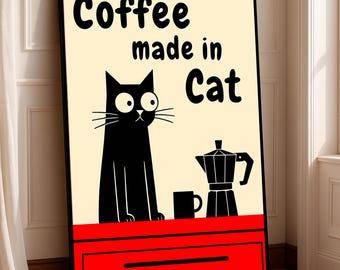 Black Cat Coffee Poster with Moka Pot – Retro Kitchen Wall Art, Vintage Coffee Cat Print