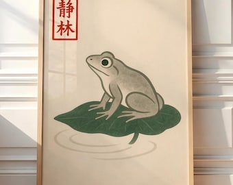 Art Print of a Green Frog, Japanese Wall Art, Minimalist Vintage Print, Retro Frog Illustration, Home Decor