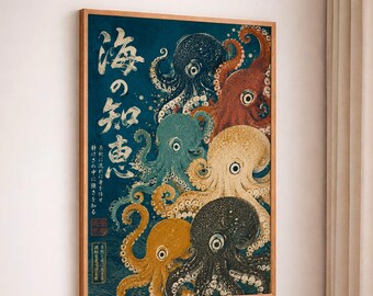 Japanese Octopus Print, Vintage Ukiyo-e Poster, Ocean Wall Art, Kanagawa Sea Animal Decor, Nautical Canvas Painting, Linocut Marine Art