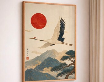 Vintage Japanese Crane Art Print Asian Style Red Sun & Blue Mountain Poster Flying Bird Painting Oriental Nature Decor Zen Bedroom Artwork