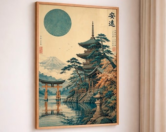 Vintage Japanese Pagoda Art Print, Mount Fuji Teal Poster, Traditional Ukiyo-E Illustration, Zen Wall Decor, Asian Landscape Art