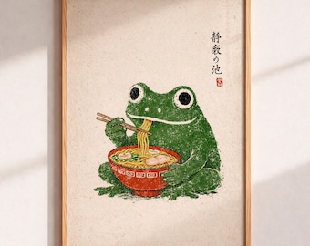 Japanese Frog Ramen Poster, Ukiyo-e Style Wall Art, Funny Kitchen Decor, Matsumoto Hoji Inspired Toad Print, Asian Foodie Gift, Retro Art