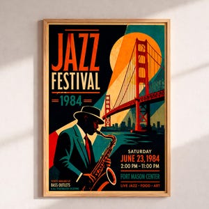 Peut inclure: Une affiche encadrée pour le Festival de Jazz 1984. L'œuvre représente un musicien jouant du saxophone, le Golden Gate Bridge et le texte "Jazz Festival 1984". L'affiche est dans les tons orange, rouge, noir et sarcelle.