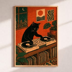 Affiche DJ Chat Noir, linogravure vintage, décoration murale pour salle de musique, poster rétro platine vinyle, art en terre cuite style milieu du siècle, cadeau pour mélomane