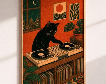 Black Cat DJ Print, Vintage Linocut Art, Music Room Wall Decor, Retro Turntable Poster, Terracotta Mid Century Art, Music Lover Gift