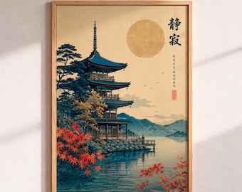 Vintage Japanese Pagoda Art Print, Mount Fuji Teal Poster, Traditional Ukiyo-E Illustration, Zen Wall Decor, Asian Landscape Art