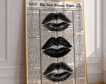 Póster de periódico "Labios de beso negro", impresión estética retro, arte de pared vintage en blanco y negro, lienzo para colgar en la pared, decoración de pared femenina, tendencia.