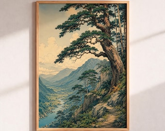 Japanese Mountain Landscape Art Print – Asian Landscape Poster, Pine Tree Woodblock Art, Ukiyo-e Nature Painting