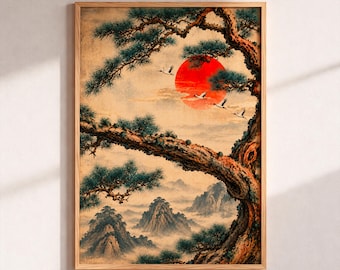 Japanese Pine Tree Wall Art, Oriental Landscape Print, Asian Sunrise Poster, Zen Living Room Decor, Large Nature Painting, Cranes Bird Gift