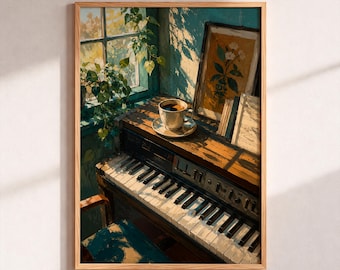 Impressionist Piano Art Print, Cozy Coffee Morning Poster, Oil Painting Illustration, Vintage Music Room Wall Decor, Moody Wall Art